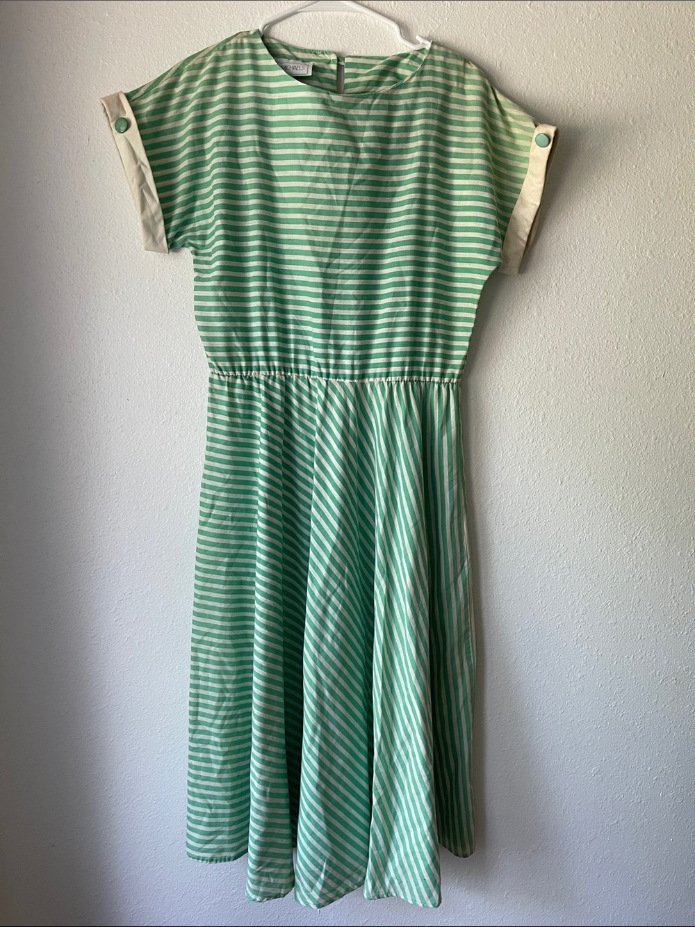 Vintage Jodi Michaels Green and White Striped Midi Dress with Cream Cuff Detail